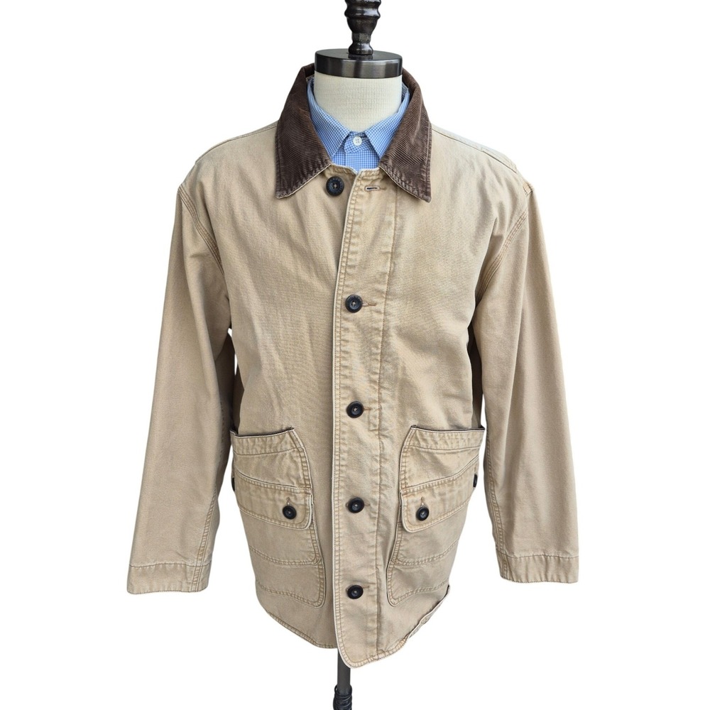Orvis Mens Canvas Field Chore Coat Tan Khaki Corduroy Collar Hunting Jacket Sz L